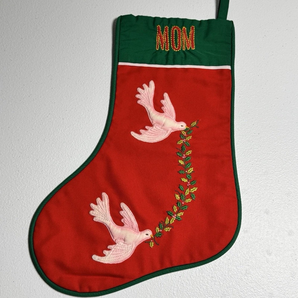 Vintage House of Hatten Christmas Stocking‎ MOM Doves Red Green Embroidered